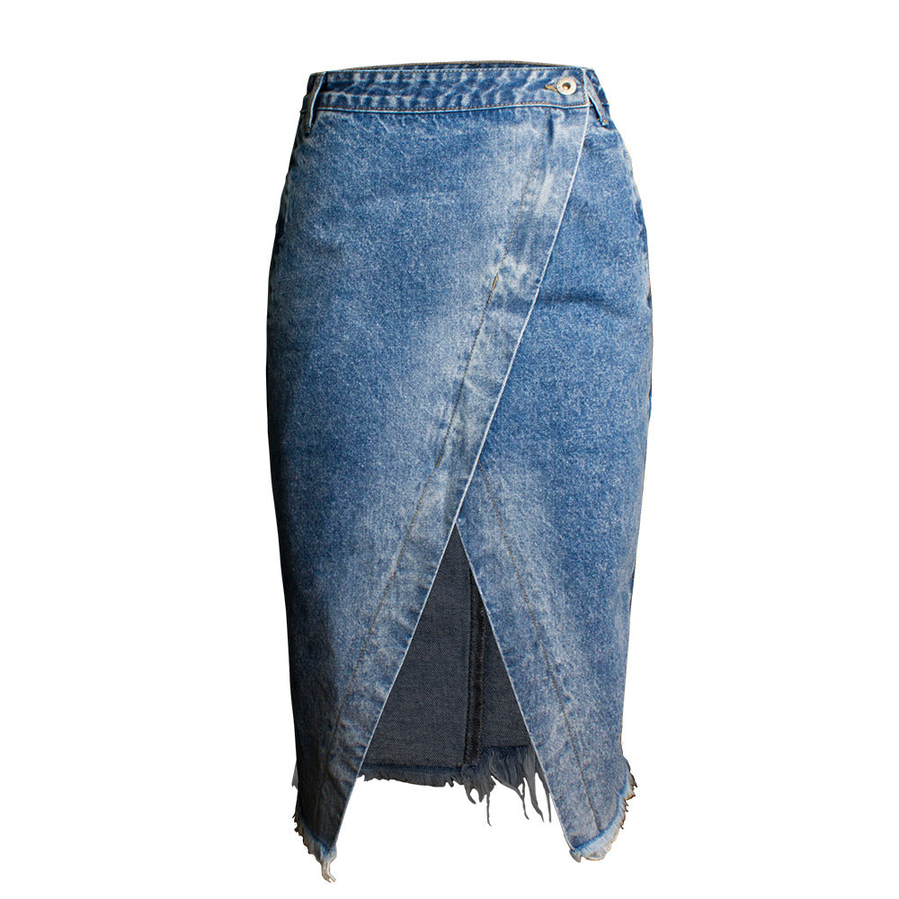 Women's Irregular Slit Hem Midi Wholesale Denim Pencil Skirt