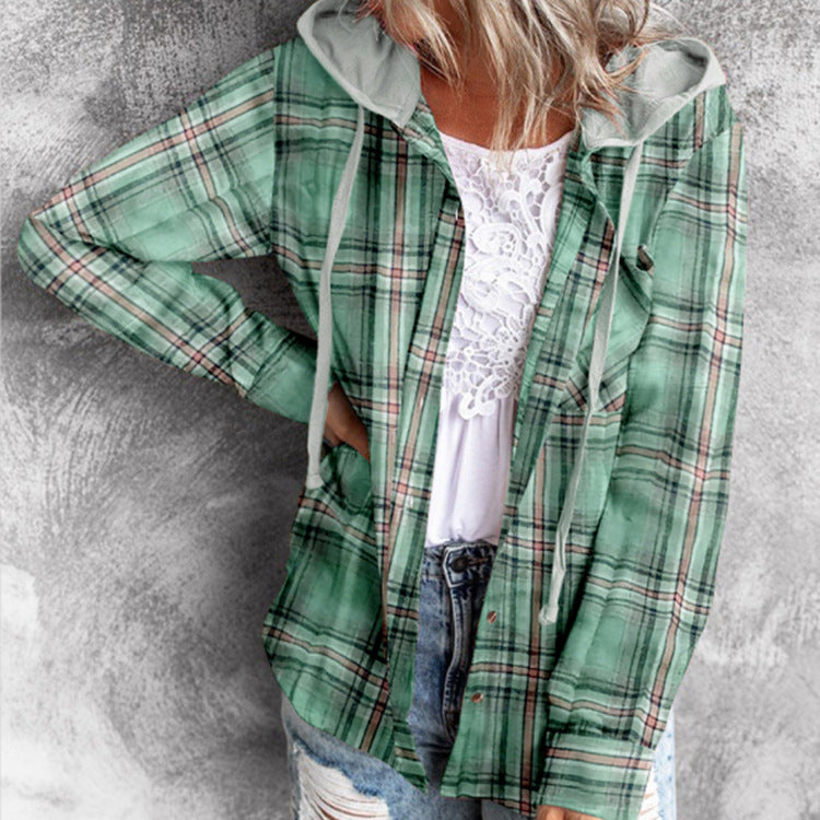 Plaid Hoodie Single Row Button Casual Shirt For Women Wholesale