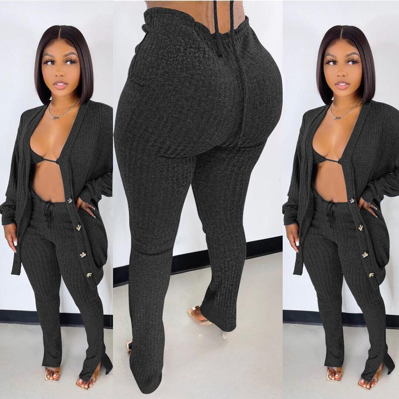 3pcs Solid Wholesale Women Sets Cardigan Bra Pants
