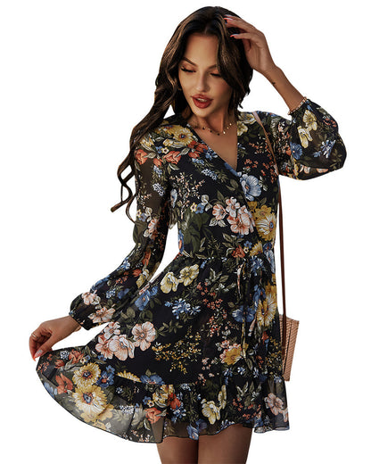 Sexy V Neck Chiffon Floral Print Dress Lace Up Long Sleeve Wholesale Dresses