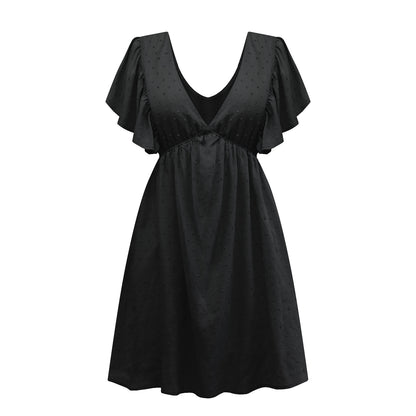 Swiss Dot Ruffle Sleeve Deep V Neck Backless Wholesale T-shirt Dresses Summer