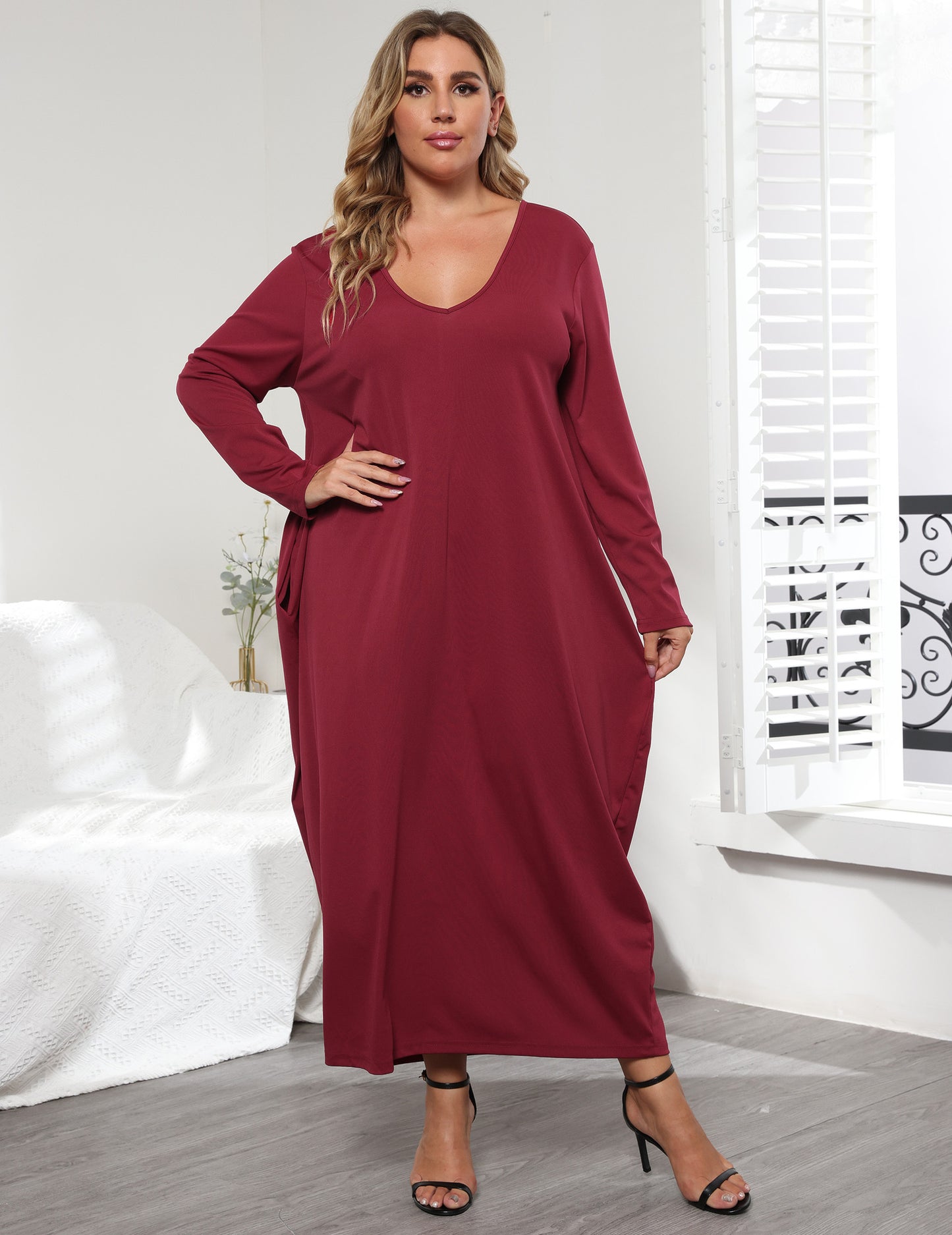 V-Neck Loose Maxi Dress Wholesale Plus Size Dresses Casual Tieback Design