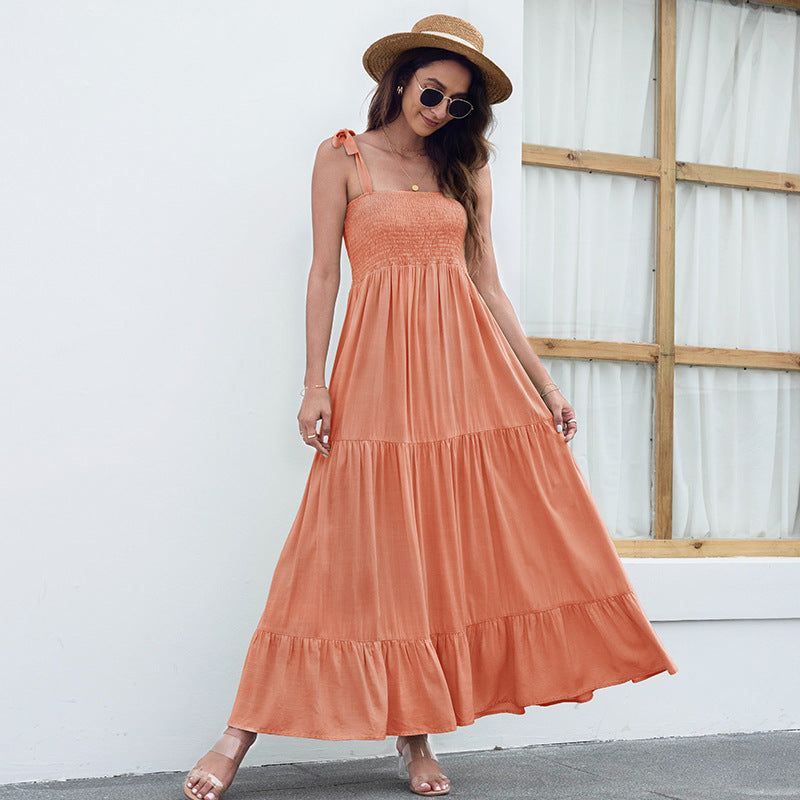 Solid Color Summer Linen Sling Lace-Up Wide Swing Smocked Dress Vacation Wholesale Maxi Dresses