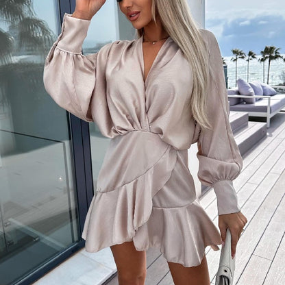 Long Sleeve Tight Waist Solid Color Satin Wrap Dress Wholesale Dresses