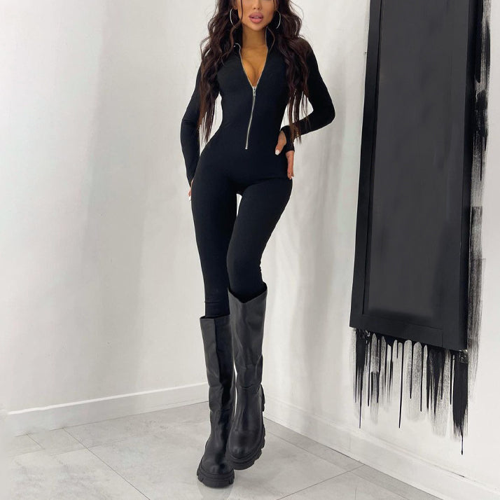 Solid Color Slim Long Sleeve Zipper Women Jump-Suits Wholesale Jumpsuits