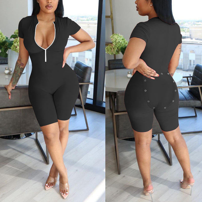 Contrasting Zip Hip Breasted Short Sleeve Bodycon Jumpsuit Wholesale Women Clothing