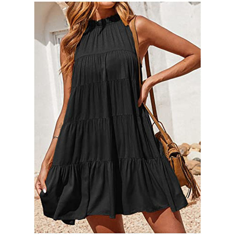 Sleeveless Solid Color Crew Neck Ruffle Pleated Loose Smocked Dress Wholsale Dresses