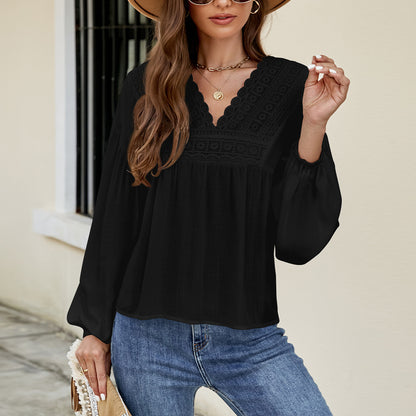 Solid Color Pullover Lantern Sleeve Chiffon Shirt Wholesale Womens Tops