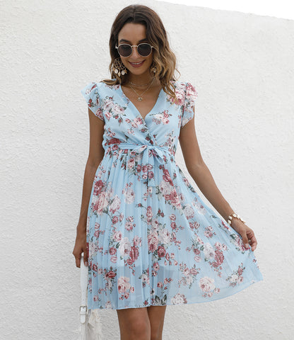 V-Neck Floral Print Ruffle Sleeve Tie-Up Chiffon Swing Dress Casual Wholesale Dresses