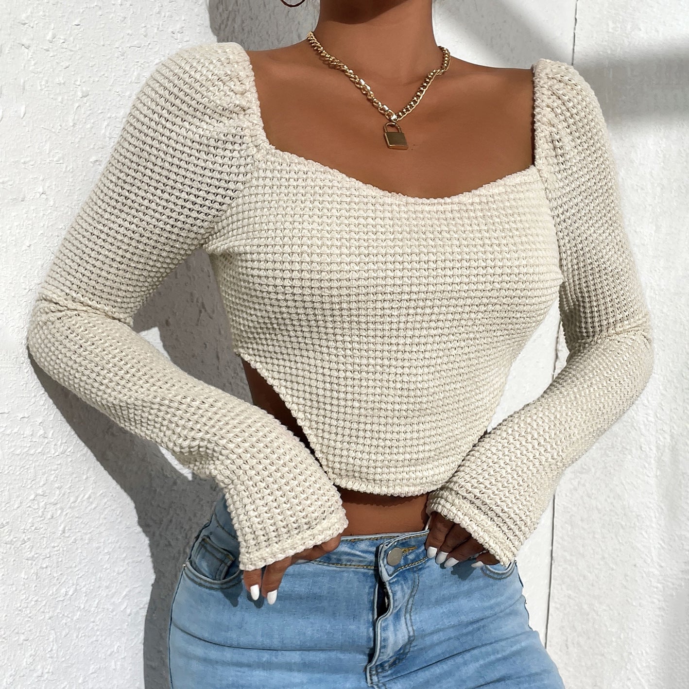 Sexy Wide Neck T-Shirt Hollow Slim Solid Color Long Sleeve Wholesale Crop Tops