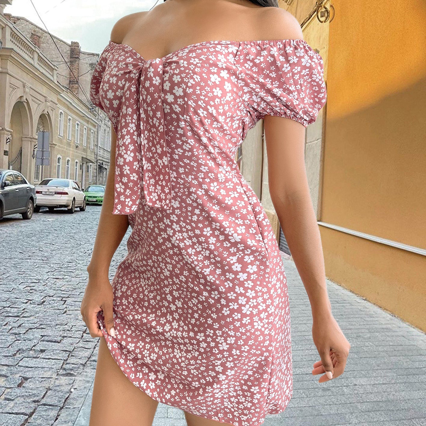 Floral Print Lace Up Summer Retro Midi Dress Chic Puff Sleeve Wholesale Dresses Off Shoulder