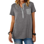 Color Block Short Sleeve  V Neck Button Wholesale T-shirts Blouses For Women Summer