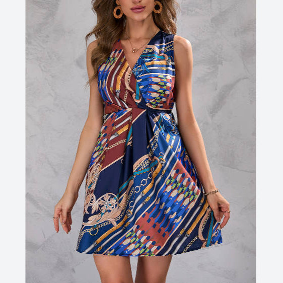 Fashion Printed Sleeveless V Neck High Waist Tank Dress Wholesale Dresses