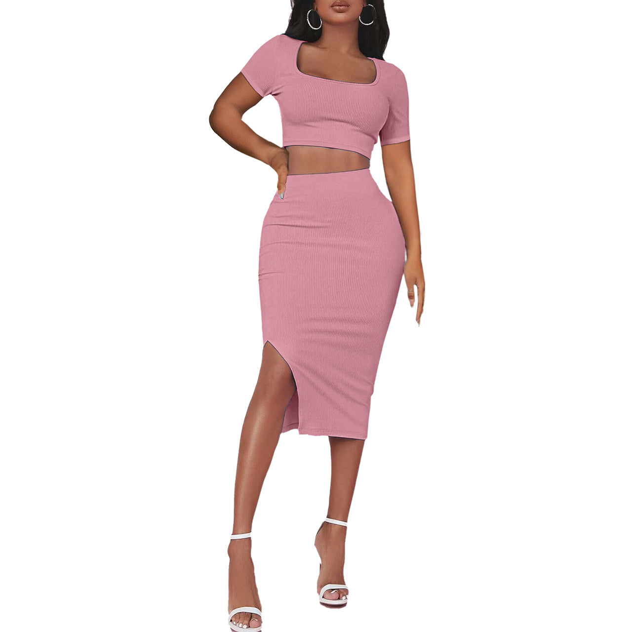 Short Sleeve Crop Tops & Slim Fit Slit Skirts Sexy Suits Wholesale Women'S 2 Piece Sets