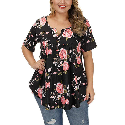 Short Sleeve Floral Print V-Neck Women Curvy Tunics Tops Wholesale Plus Size Clothing