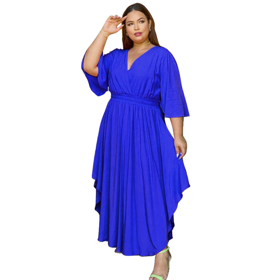 V-Neck Flared Sleeve Women Curvy Flowy Dresses Wholesale Plus Size Maxi Dresses