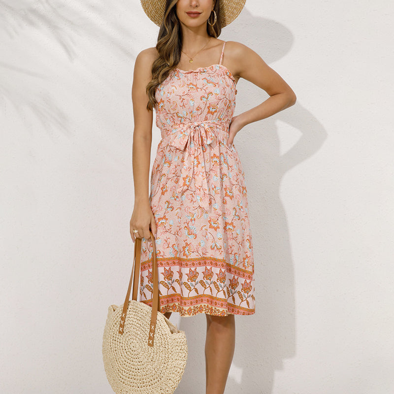 Sundresses Lace-Up Boho Style Print Sling Dress Vacation Wholesale Bohemian Dress For Women