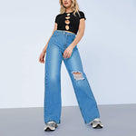 Fashion Washed High Waist Ripped Straight Slim Denim Pants Wholesale Jeans