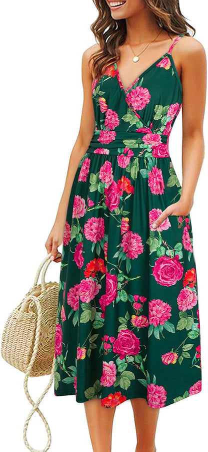 Printed Sling Dress Loose Beach Midi Dress With Pocket Casual Vacation Wholesale Dresses V Neck