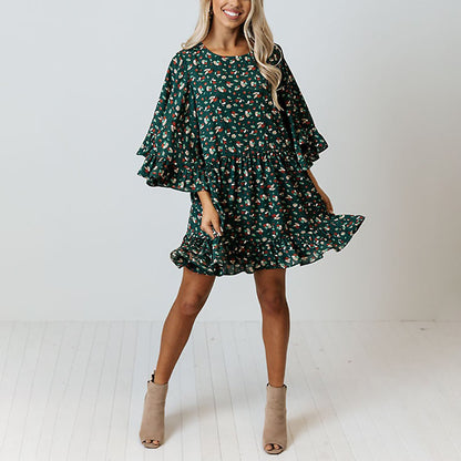 Leopard Print Lantern Sleeve Ruffle Hem Wholesale A Line Dresses