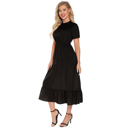 Short-Sleeve Round Neck Midi Chiffon Smocked Dress Wholesale Dresses