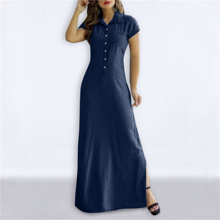 Lapel Short Sleeve Big Swing A-Line Slit Denim Shirtdress Casual Wholesale Maxi Dresses