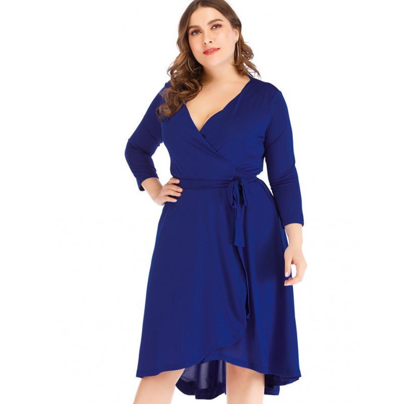 V-Neck Slim Waist Tie 3/4 Sleeve Curvy Dresses Wholesale Plus Size Clothing