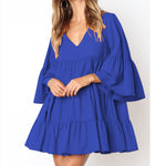 V-Neck Simple Flared Sleeve Cotton & Linen Loose Smocked Dress Wide Swing Casual Wholesale Dresses