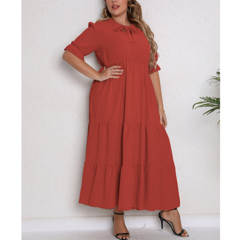 Solid Color Puff Sleeve Casual Smocked Curvy Dresses Wholesale Plus Size Clothing