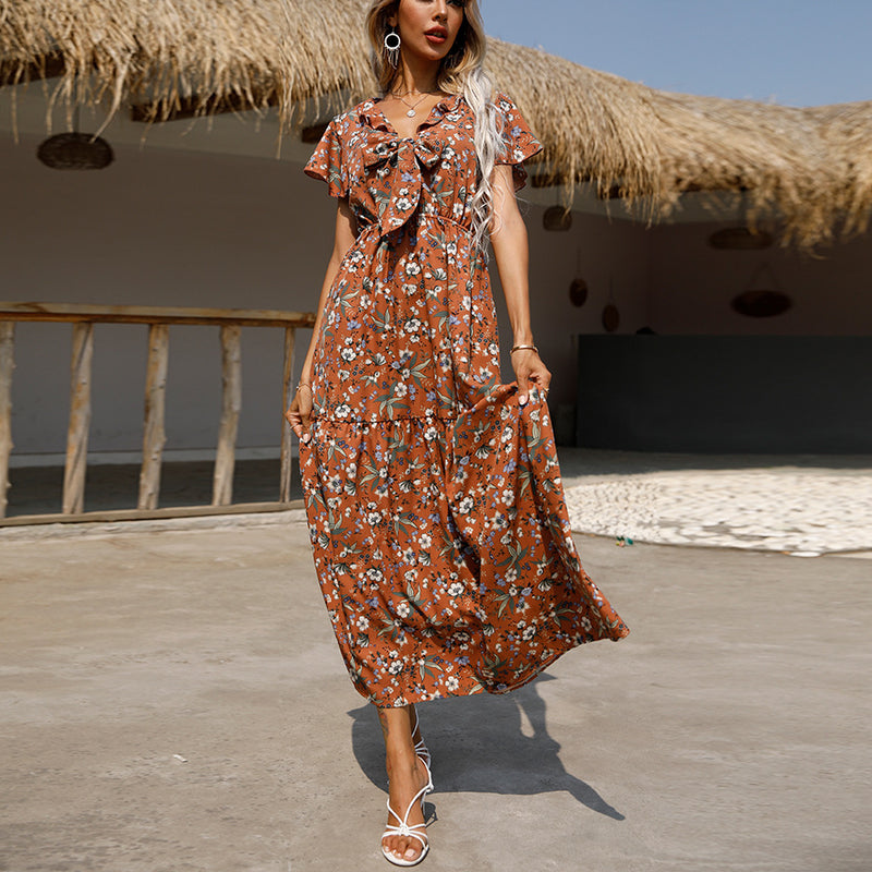 V Neck Lace Up Bowknot Design Floral Printed Casual Ladies Wholesae Maxi Dresses Vacation