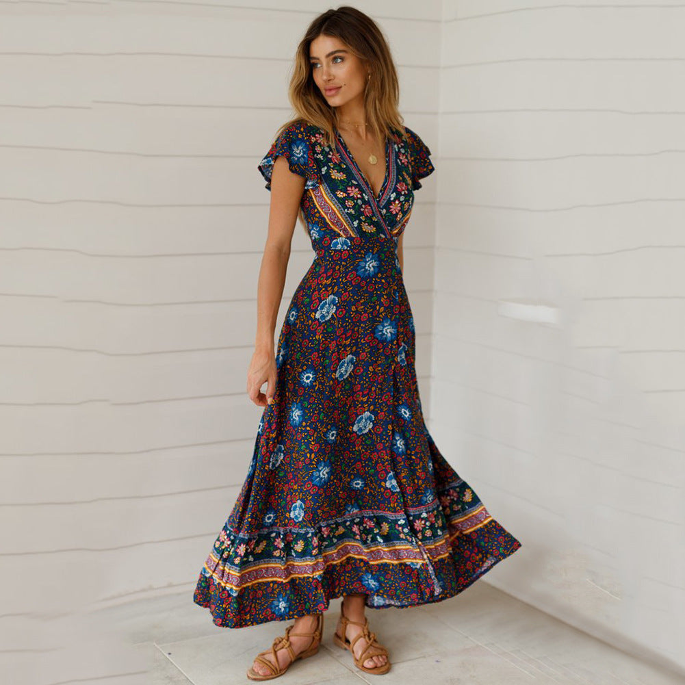 Floral V Neck Wholesale Bohemian Dresses Tie Waist Maxi Wrap Dresses Summer