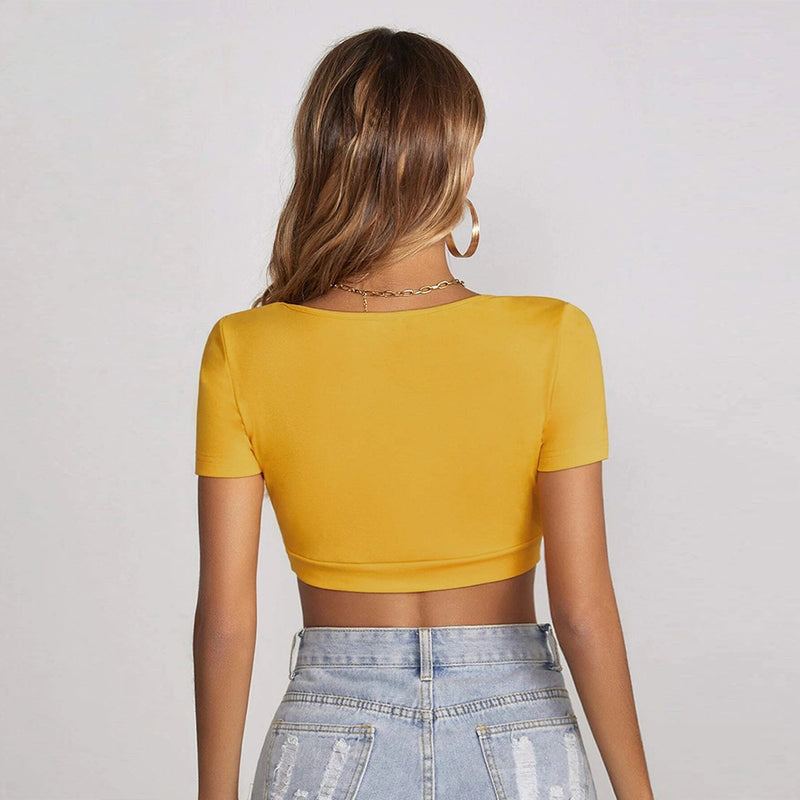 Solid Color Square Neck Short Sleeve Sexy Womens Clothes Wholesale Crop Tops
