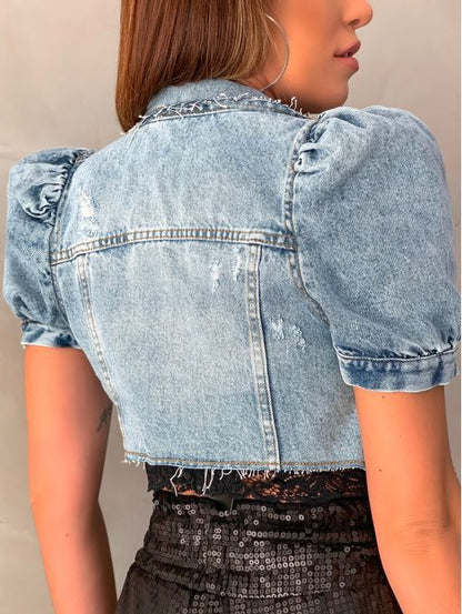 Retro Ripped Puff Sleeve Wholesale Denim Jacket Slim Solid Color Women Crop Coat