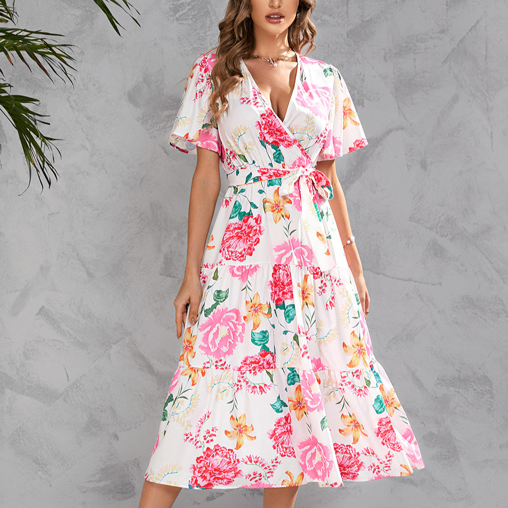 Short-Sleeve Floral Printed V-Neck Lace-Up Waist Midi Smocked Dress Casual Wholesale Dresses