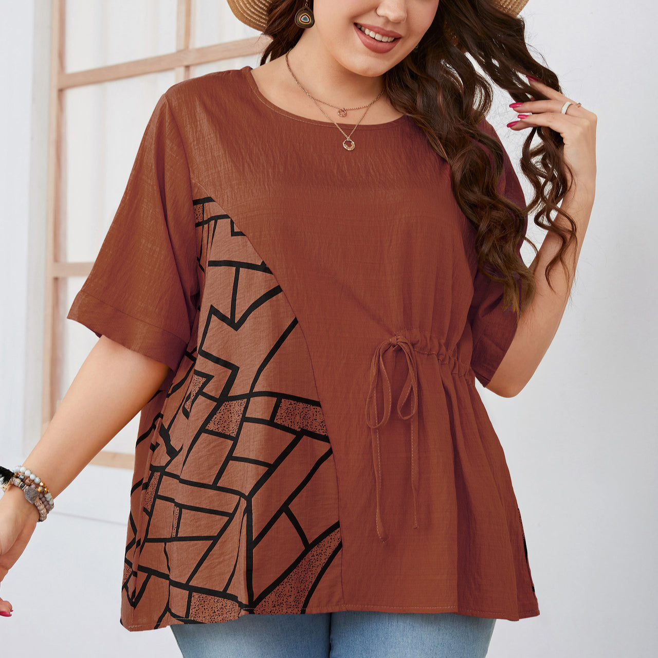 Geometric Print Short Sleeve Round Neck Wholesale Plus Size Tops