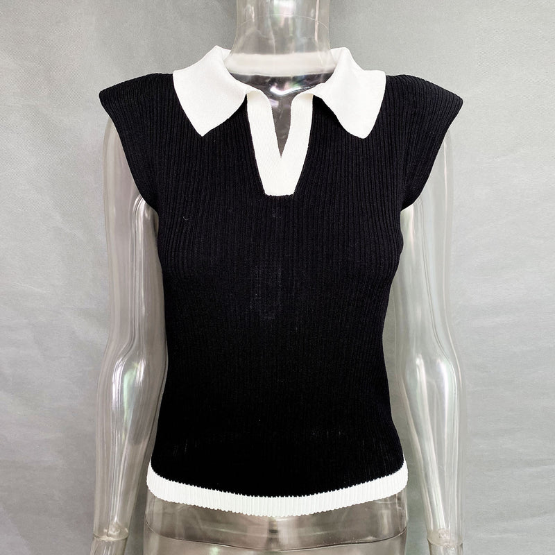 Polo-Neck Sleeveless Contrasting Shoulder Pads Fashion Blouses Wholesale