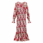 Deep-V Floral Printed Lantern Sleeves Elasticated Fishtail Skirt Style Bag Hip Dress Wholesale Dresses