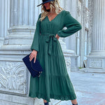Long Sleeve Tie-Up V-Neck Pleated Smocked Swing Dress Wholesale Dresses SDN538074