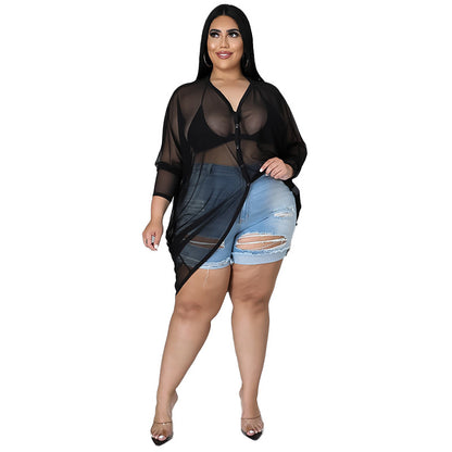 Long Shirts Sexy See-Through Women Curvy Dresses Wholesale Plus Size Clothing