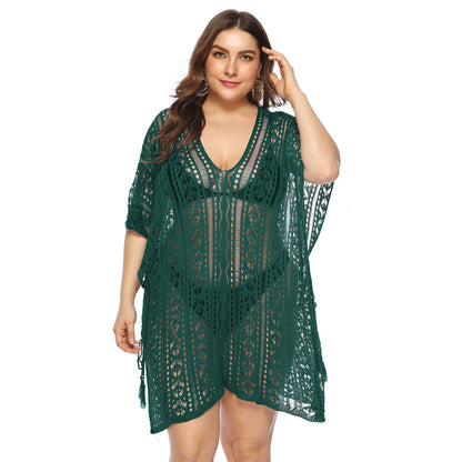 Sexy Cutout Knitted Bikini Cover Up V-Neck Slit Beachwear Curve Dresses Wholesale Plus Size Clothing