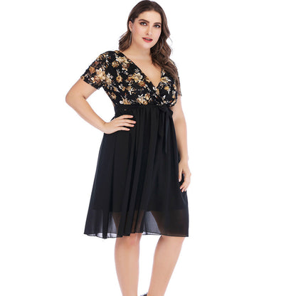 Chiffon Sexy Deep V Print A-Line Dress Lace-Up Short Sleeve Dresses Wholesale Plus Size Clothing