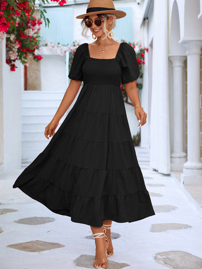 Casual Puff Sleeve Square Neck Swing Smocked Dress Wholesale Dresses