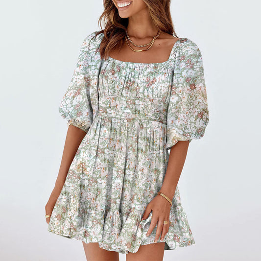 Fashion Square Neck Floral Mini Swing Dress High Waist Lantern Sleeve Wholesale Dresses