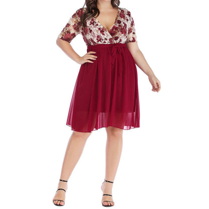 Floral Print Lace Stiching Fashion V-Neck Lace-Up Casual Curve Dresses Wholesale Plus Size Clothing