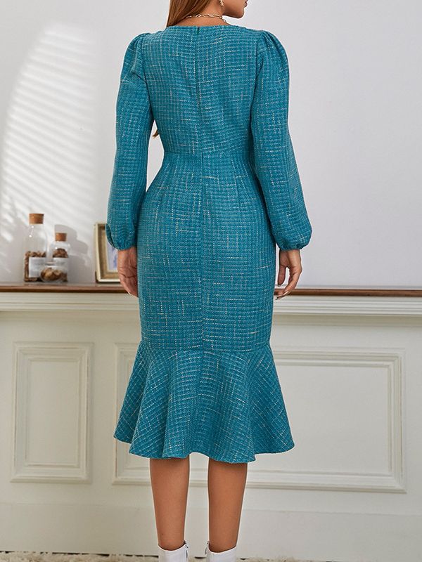 Plaid Square Neck Button Long Sleeve Ruffled Slim Dress Wholesale Dresses