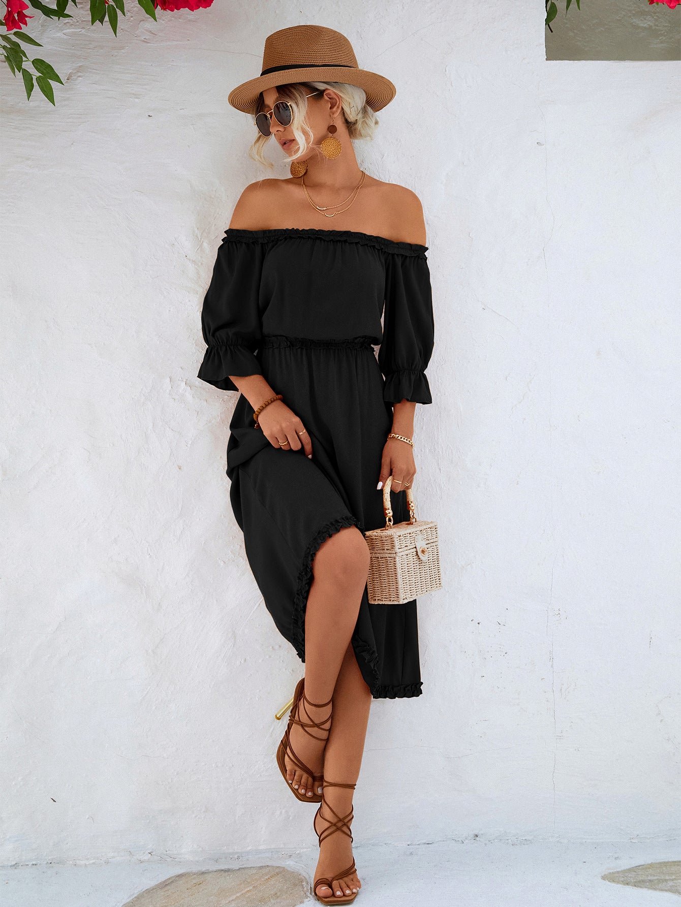 Ruffled One Shoulder Off Shoulder Swing Dress Wholesale Dresses