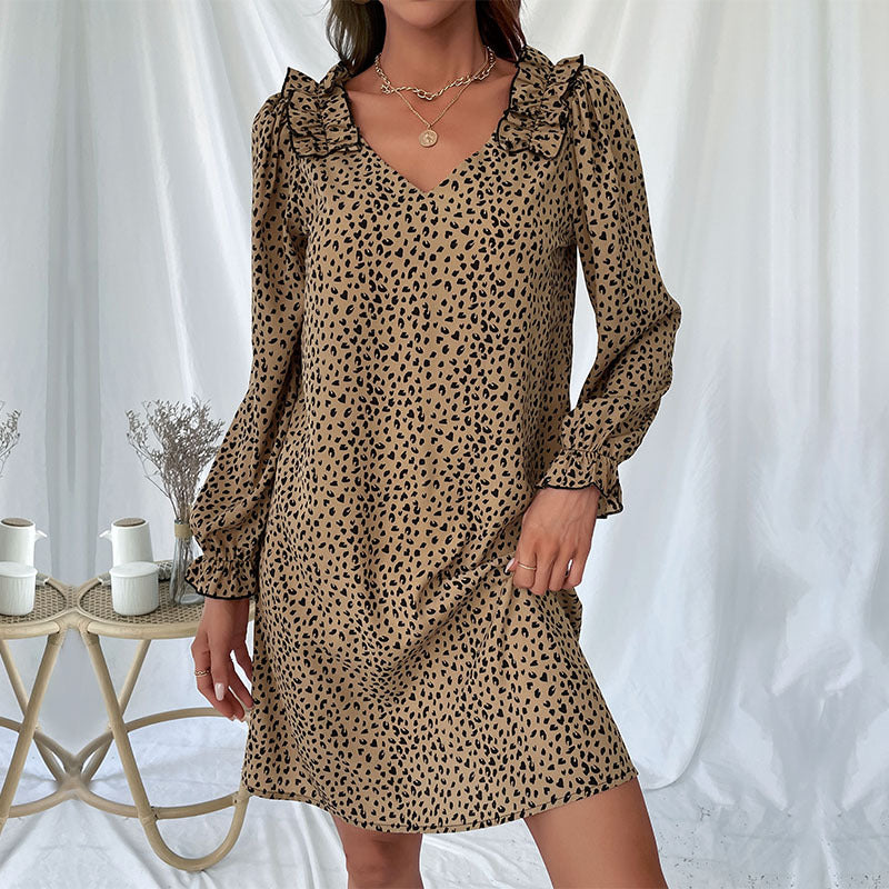 Leopard Print V-Neck Long Sleeve Loose A-Line Dress Wholesale Dresses