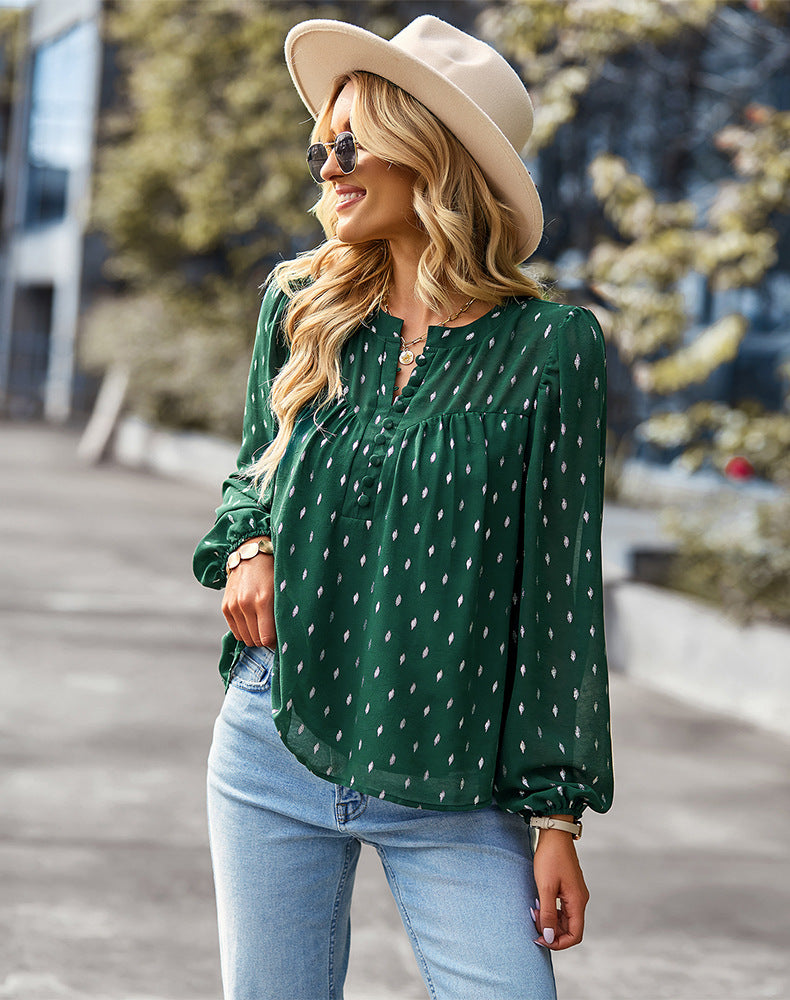 Polka Dot Print Button Chiffon Shirt Blouse Wholesale Womens Tops