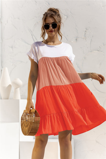 Round Neck Colorblock Ruffles Short Sleeve Loose Smocked Dresses Casual T Shirt Dress Wholesale