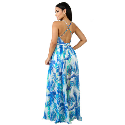 Fashion Print Deep V Neck Open Back Chiffon Beach Sling Wide Swing Dress Sexy Wholesale Maxi Dresses